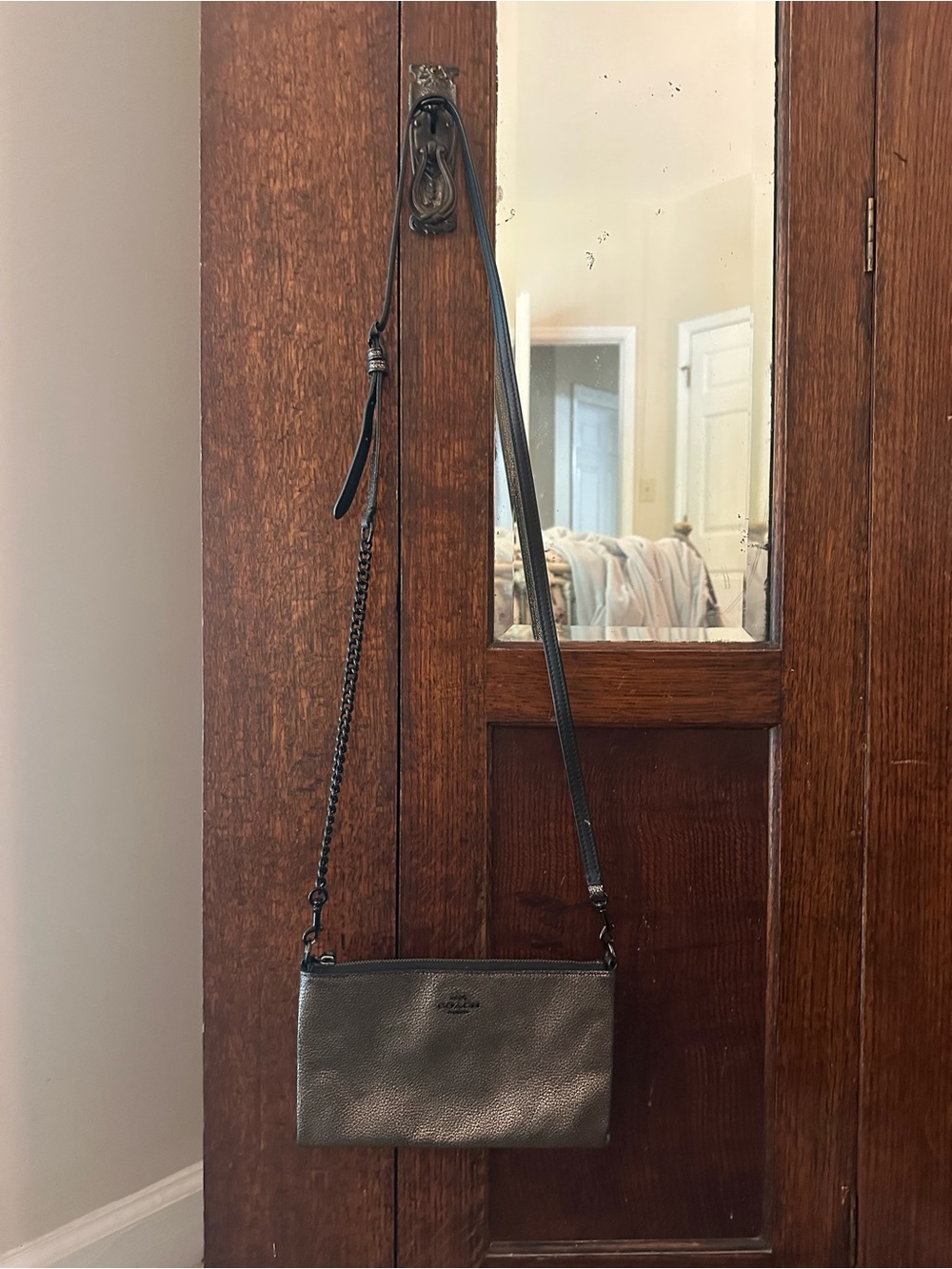 Coach Metallic Pewter Leather Wristlet Crossbody Bag